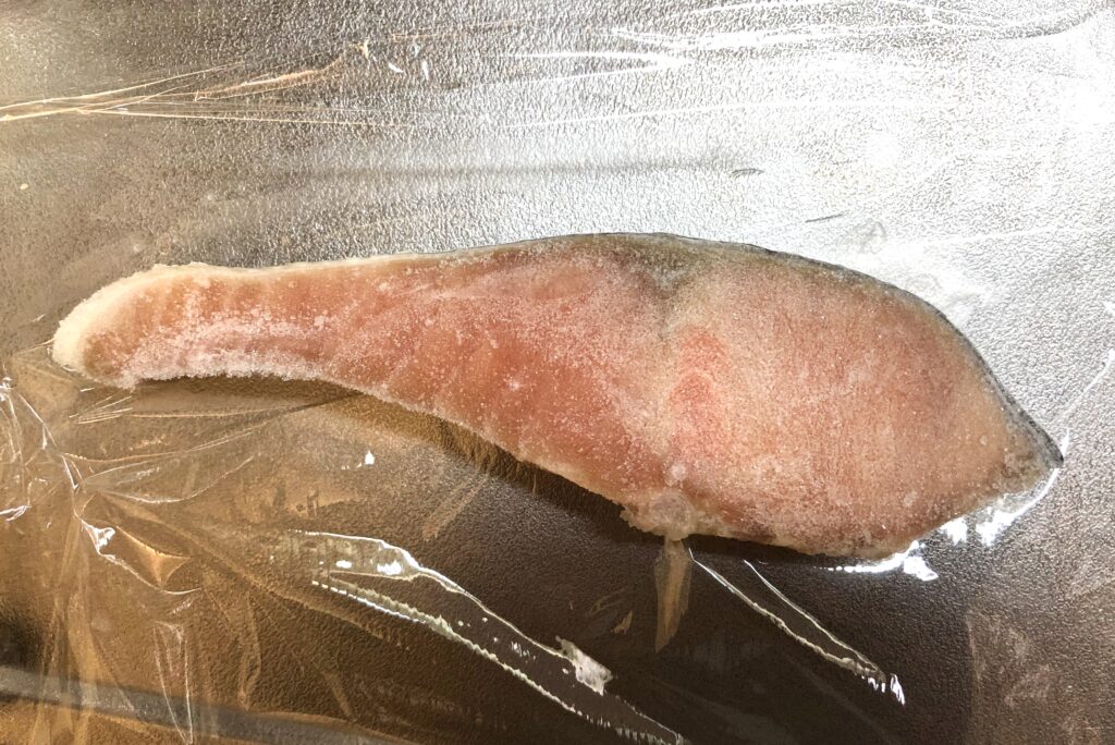 解凍前のカチコチの秋鮭の切り身